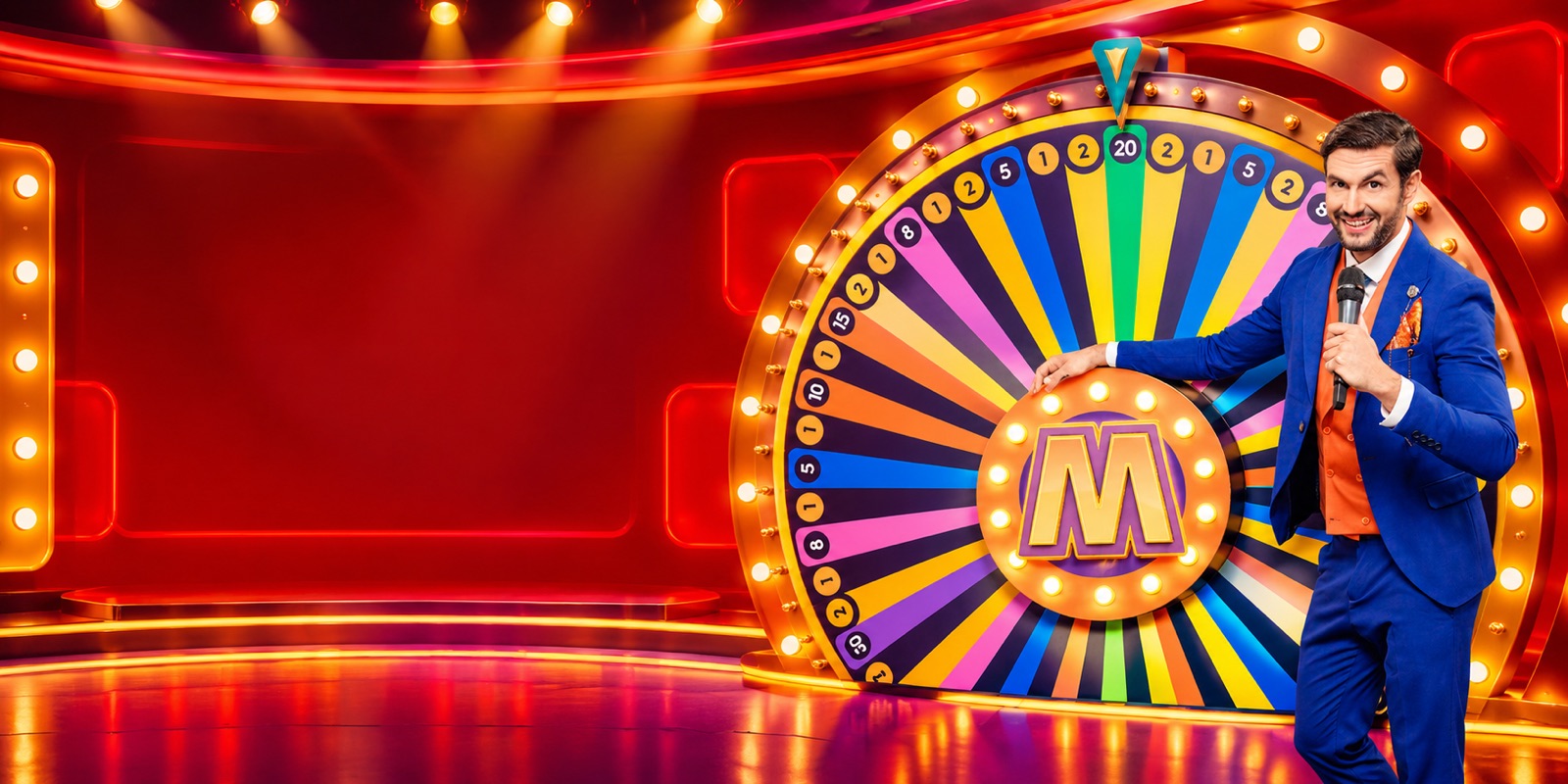Rueda de Mega Wheel Latino girando en un estudio de casino en vivo